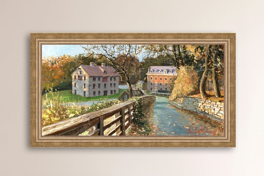 A canvas print depicting the Colonial Industrial Quarter in Bethlehem, PA, showing an artistic representation of an old industrial building complex with trees and a canal.