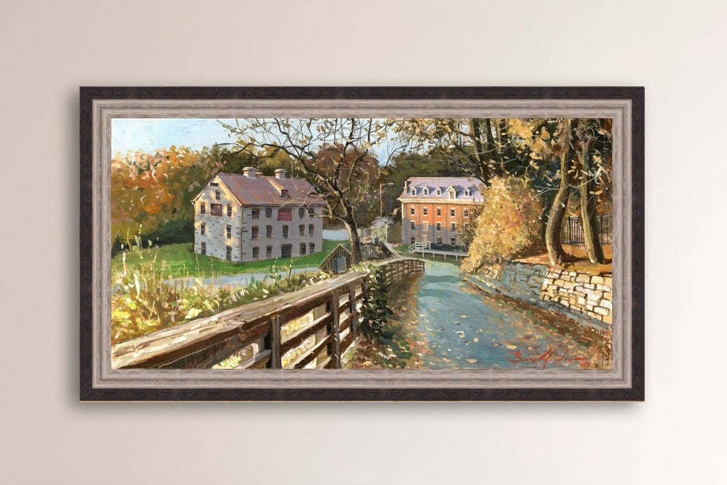 A canvas print depicting the Colonial Industrial Quarter in Bethlehem, PA, showing an artistic representation of an old industrial building complex with trees and a canal.
