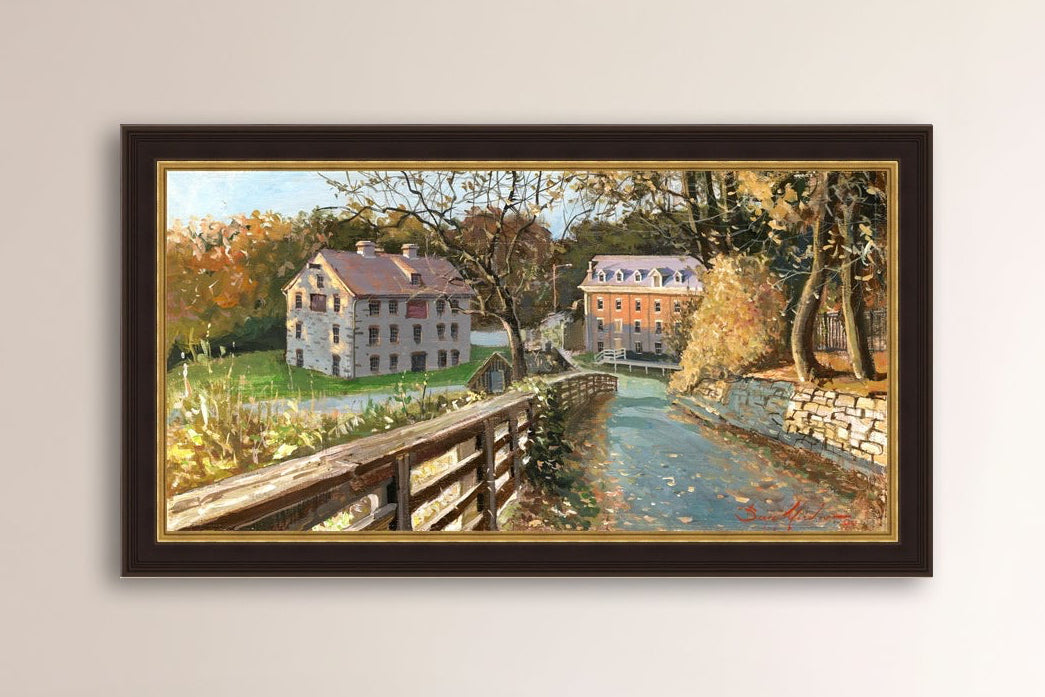 A canvas print depicting the Colonial Industrial Quarter in Bethlehem, PA, showing an artistic representation of an old industrial building complex with trees and a canal.