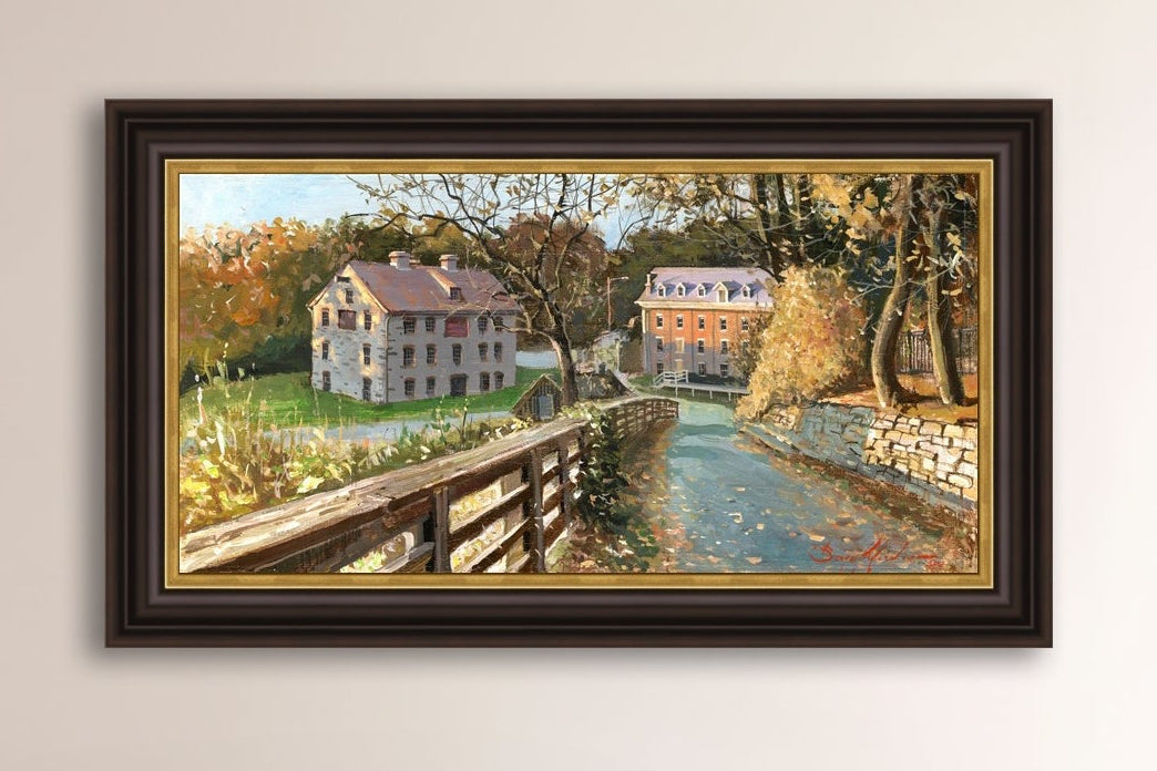 A canvas print depicting the Colonial Industrial Quarter in Bethlehem, PA, showing an artistic representation of an old industrial building complex with trees and a canal.