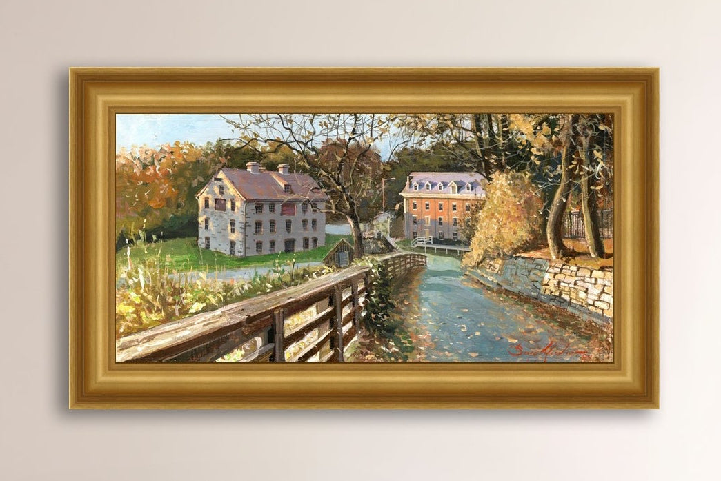 A canvas print depicting the Colonial Industrial Quarter in Bethlehem, PA, showing an artistic representation of an old industrial building complex with trees and a canal.
