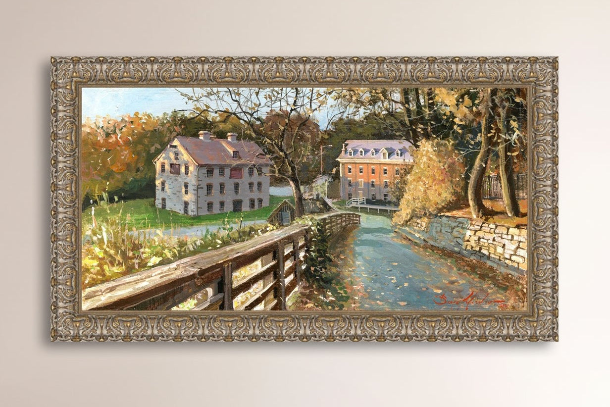 A canvas print depicting the Colonial Industrial Quarter in Bethlehem, PA, showing an artistic representation of an old industrial building complex with trees and a canal.