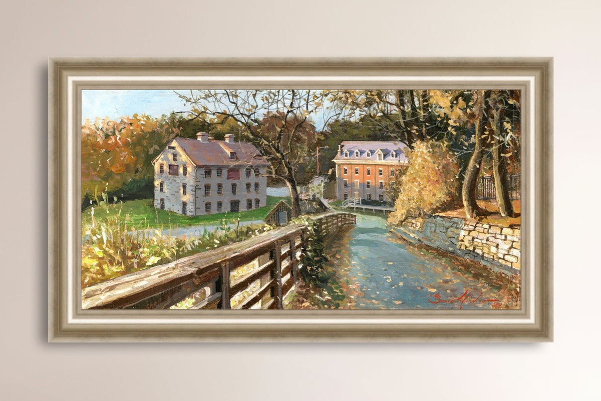 A canvas print depicting the Colonial Industrial Quarter in Bethlehem, PA, showing an artistic representation of an old industrial building complex with trees and a canal.