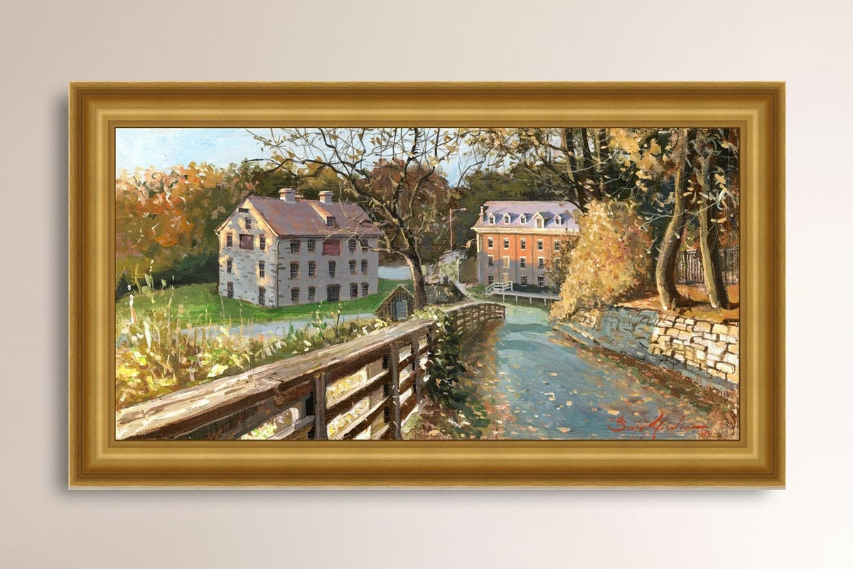 A canvas print depicting the Colonial Industrial Quarter in Bethlehem, PA, showing an artistic representation of an old industrial building complex with trees and a canal.