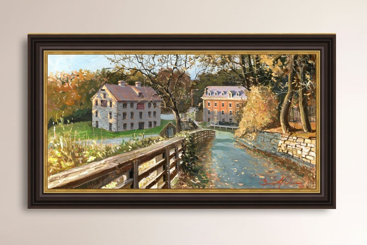 A canvas print depicting the Colonial Industrial Quarter in Bethlehem, PA, showing an artistic representation of an old industrial building complex with trees and a canal.