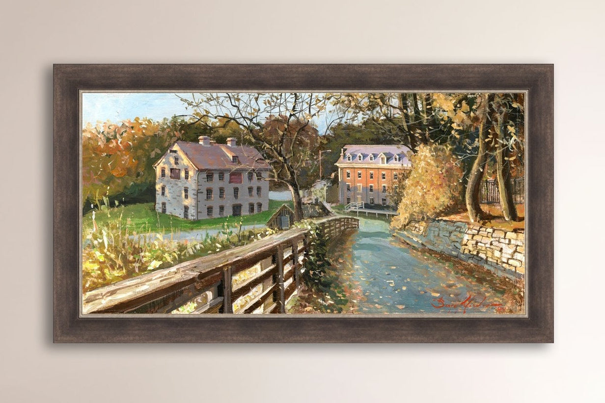 A canvas print depicting the Colonial Industrial Quarter in Bethlehem, PA, showing an artistic representation of an old industrial building complex with trees and a canal.