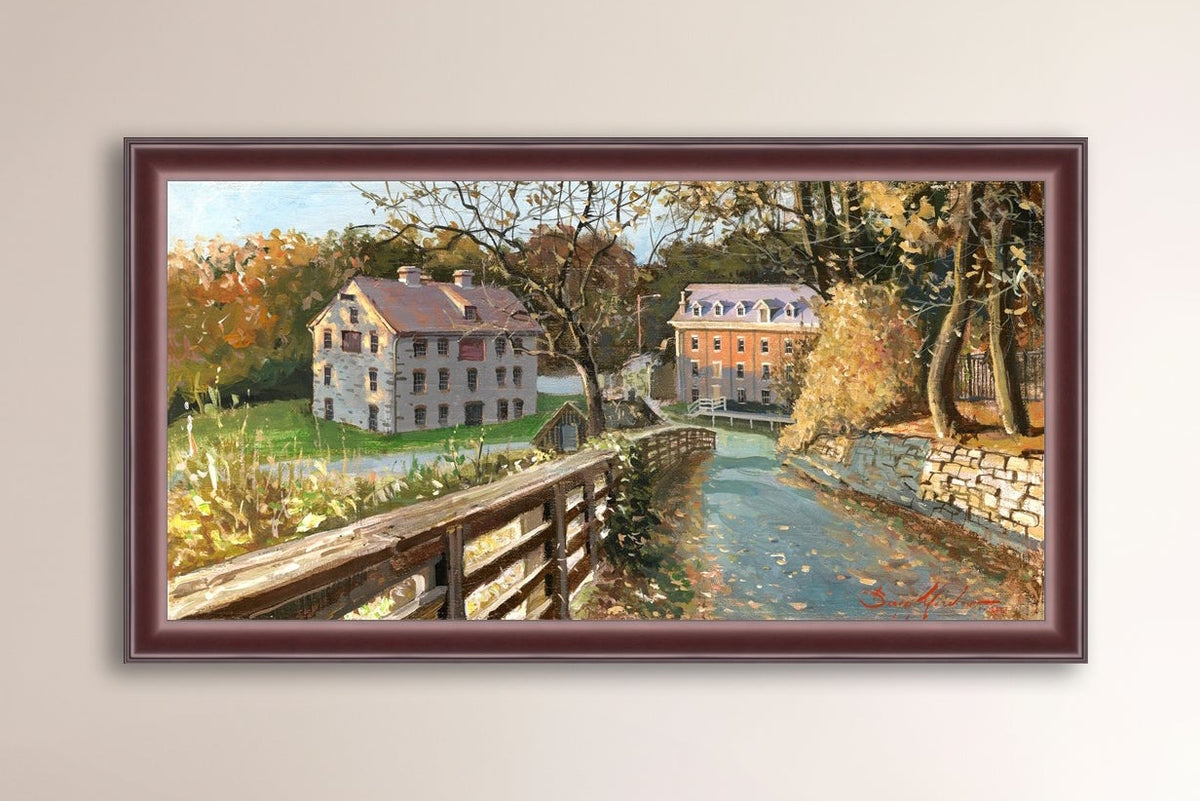A canvas print depicting the Colonial Industrial Quarter in Bethlehem, PA, showing an artistic representation of an old industrial building complex with trees and a canal.