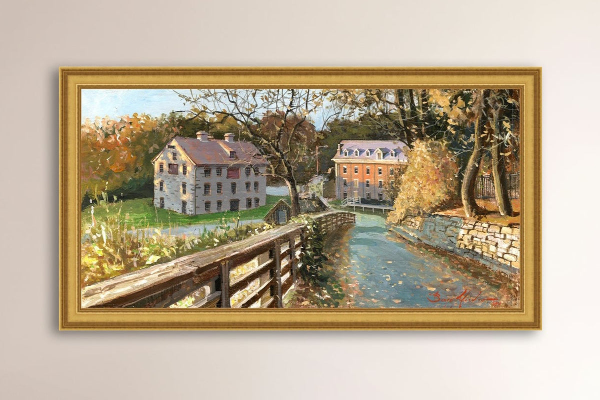 A canvas print depicting the Colonial Industrial Quarter in Bethlehem, PA, showing an artistic representation of an old industrial building complex with trees and a canal.