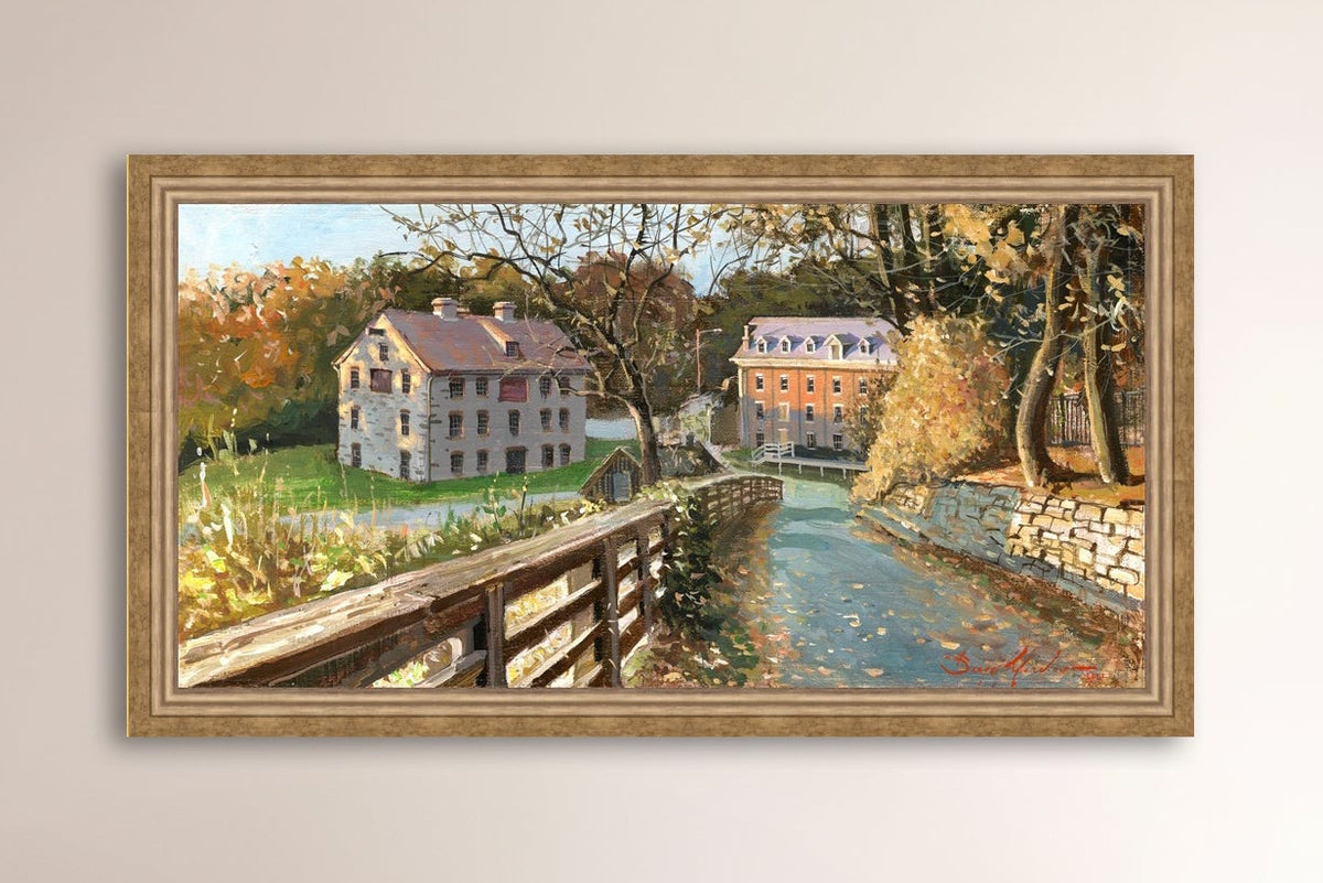A canvas print depicting the Colonial Industrial Quarter in Bethlehem, PA, showing an artistic representation of an old industrial building complex with trees and a canal.