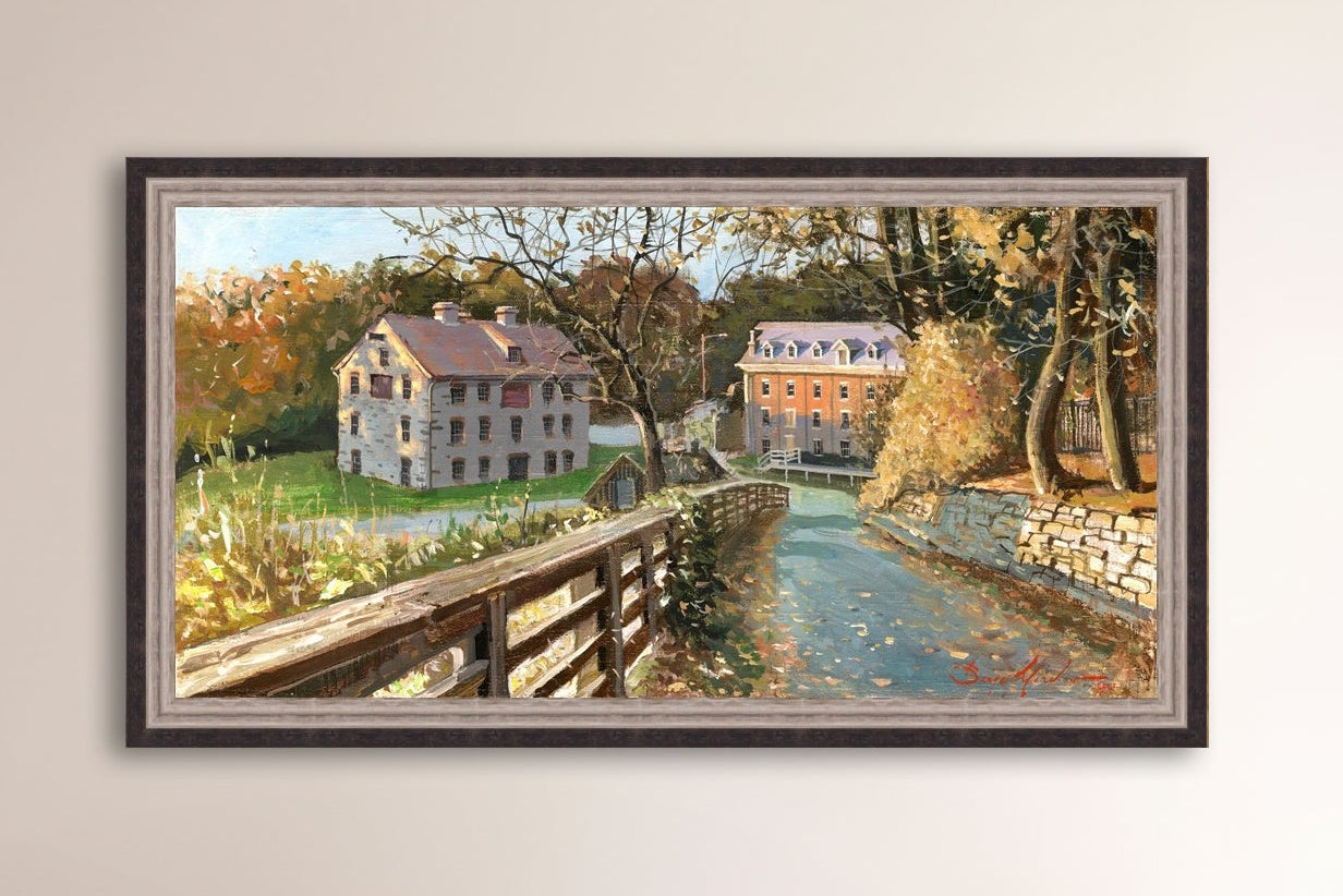 A canvas print depicting the Colonial Industrial Quarter in Bethlehem, PA, showing an artistic representation of an old industrial building complex with trees and a canal.