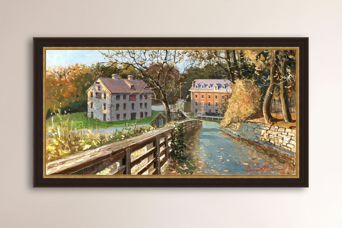 A canvas print depicting the Colonial Industrial Quarter in Bethlehem, PA, showing an artistic representation of an old industrial building complex with trees and a canal.
