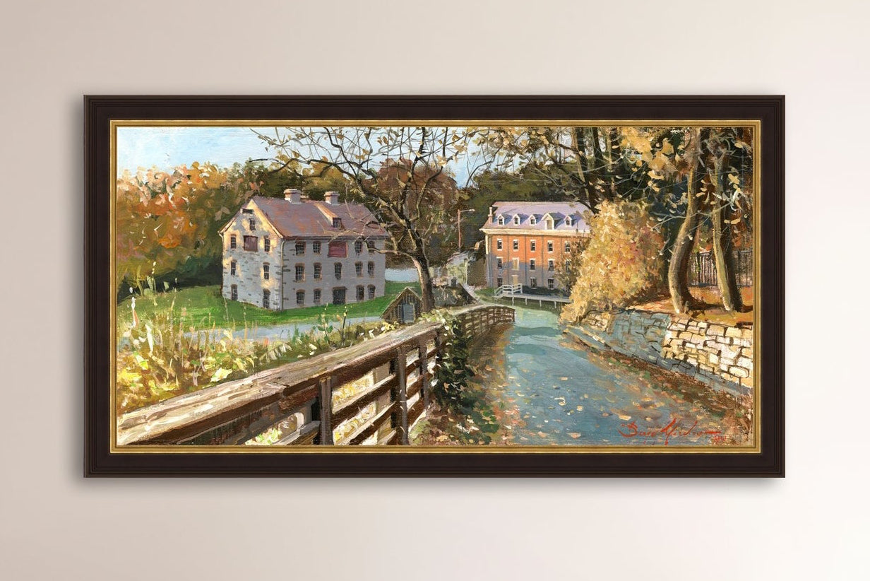 A canvas print depicting the Colonial Industrial Quarter in Bethlehem, PA, showing an artistic representation of an old industrial building complex with trees and a canal.
