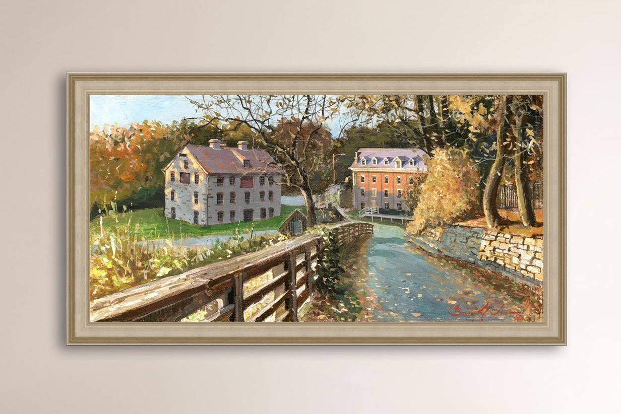 A canvas print depicting the Colonial Industrial Quarter in Bethlehem, PA, showing an artistic representation of an old industrial building complex with trees and a canal.