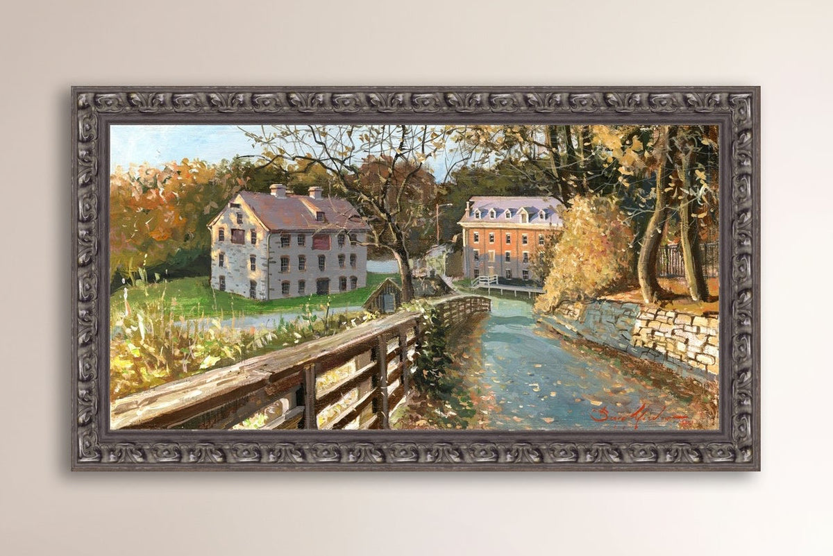 A canvas print depicting the Colonial Industrial Quarter in Bethlehem, PA, showing an artistic representation of an old industrial building complex with trees and a canal.