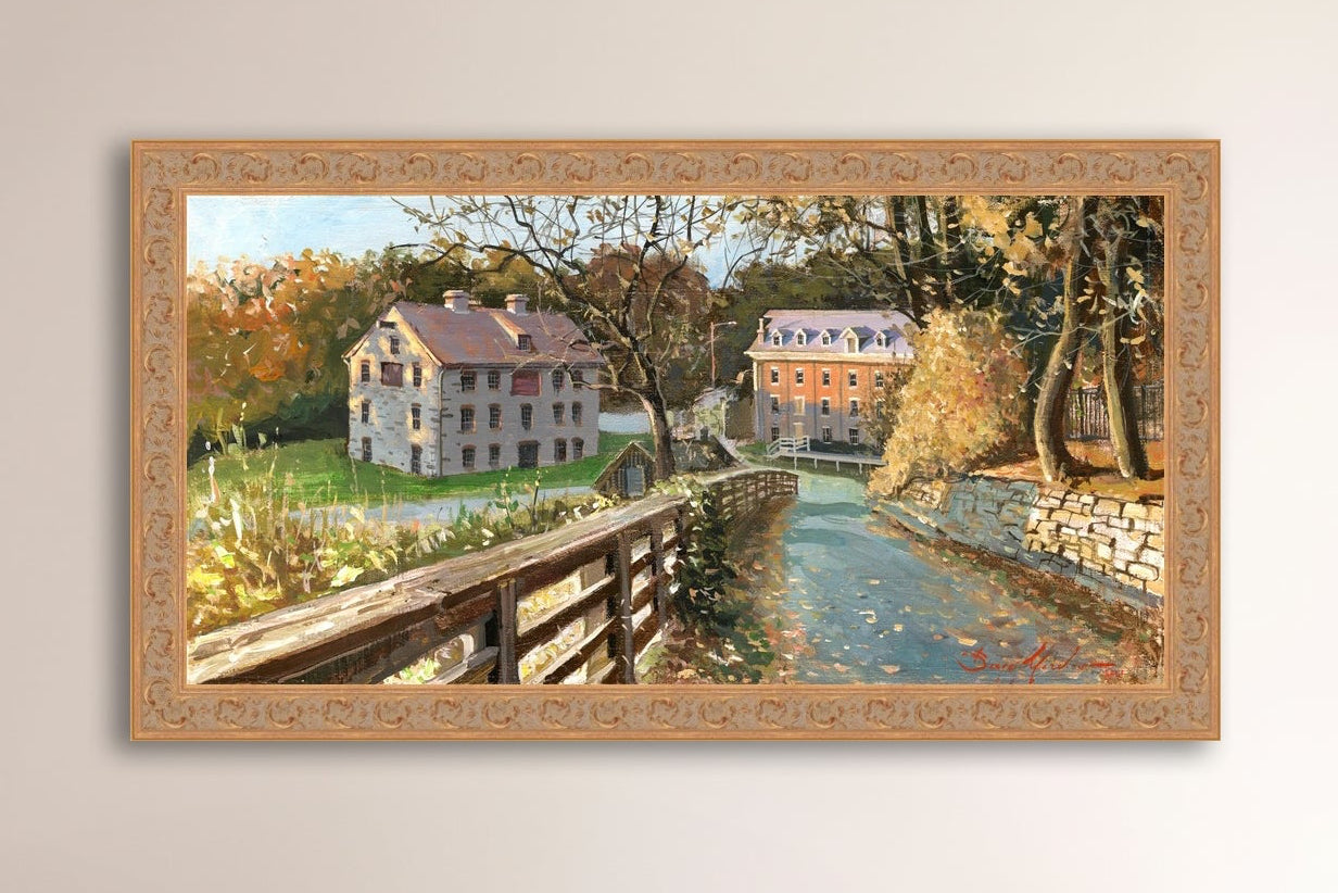 A canvas print depicting the Colonial Industrial Quarter in Bethlehem, PA, showing an artistic representation of an old industrial building complex with trees and a canal.