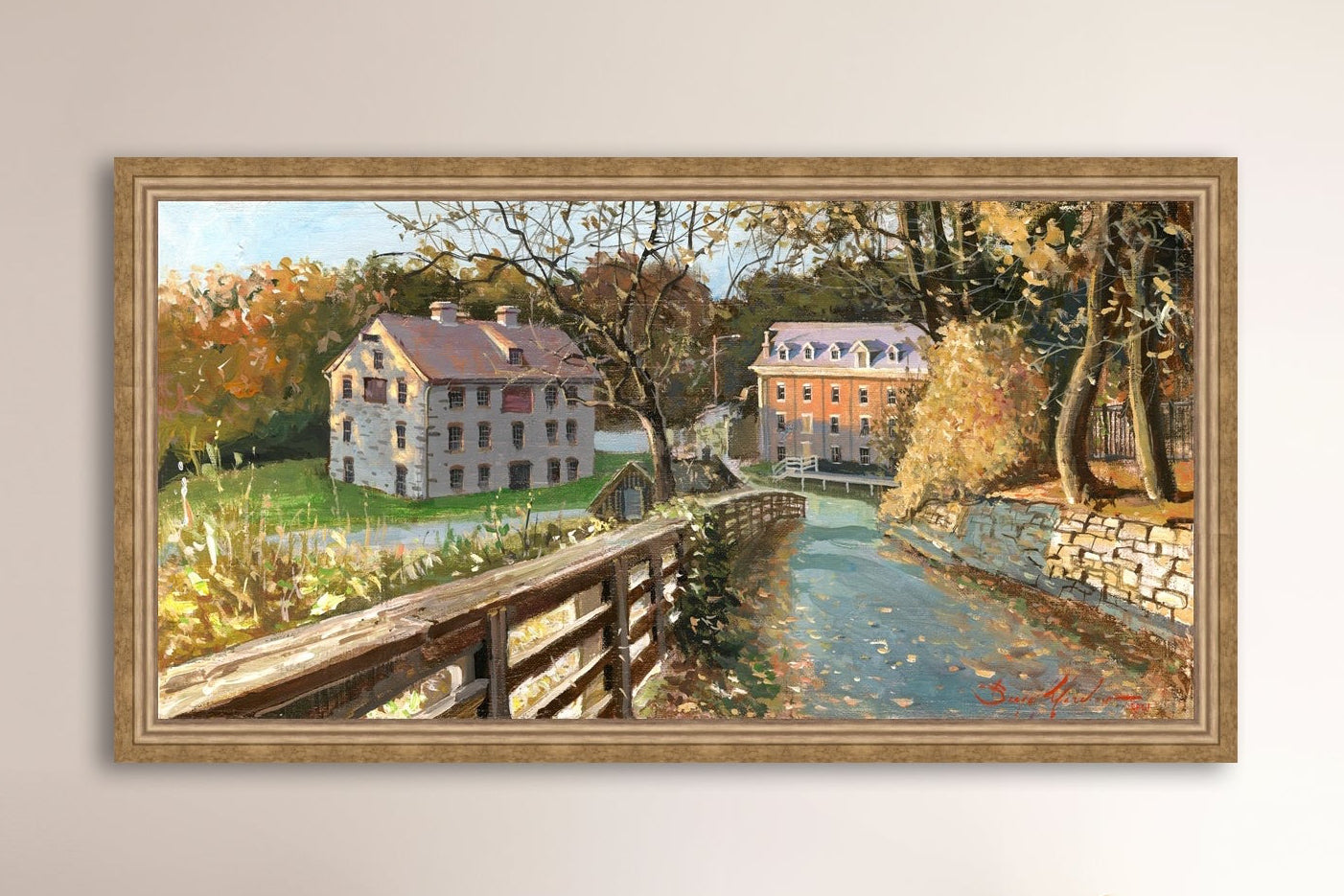 A canvas print depicting the Colonial Industrial Quarter in Bethlehem, PA, showing an artistic representation of an old industrial building complex with trees and a canal.