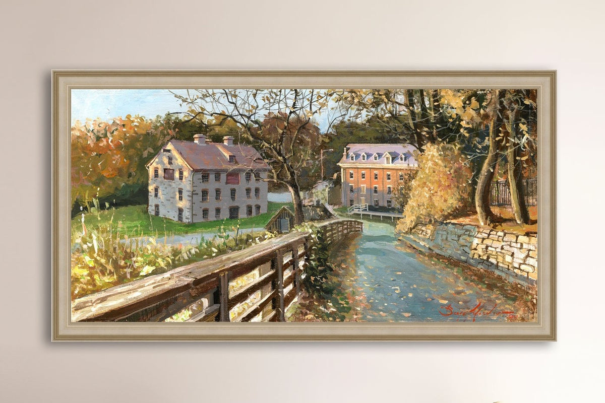 A canvas print depicting the Colonial Industrial Quarter in Bethlehem, PA, showing an artistic representation of an old industrial building complex with trees and a canal.