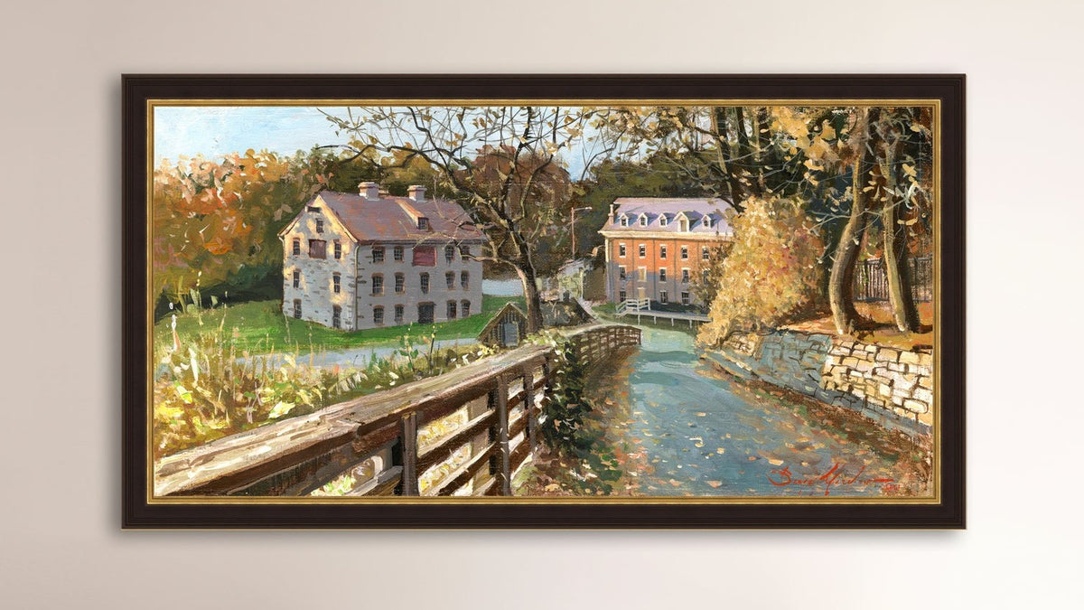 A canvas print depicting the Colonial Industrial Quarter in Bethlehem, PA, showing an artistic representation of an old industrial building complex with trees and a canal.