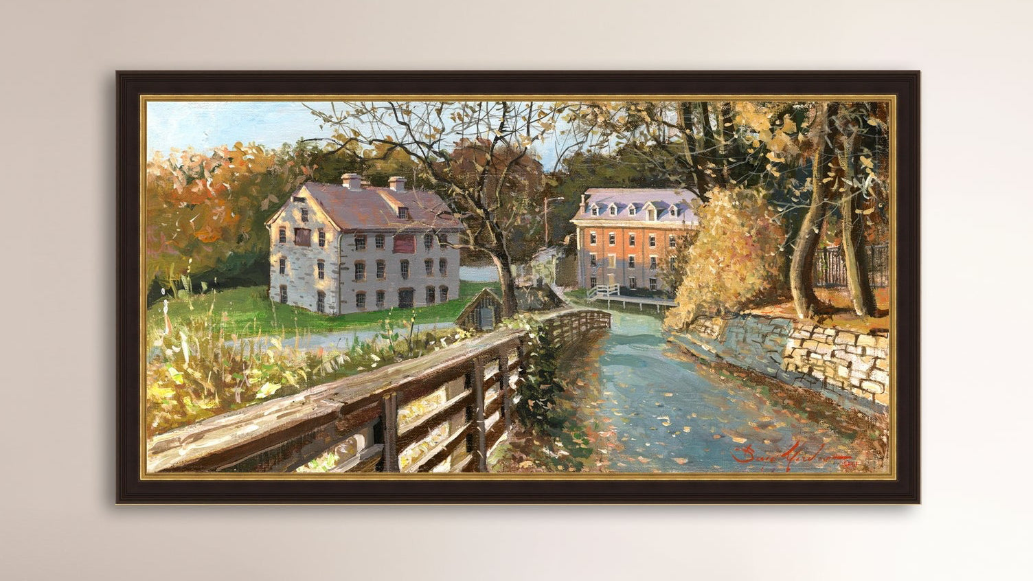 A canvas print depicting the Colonial Industrial Quarter in Bethlehem, PA, showing an artistic representation of an old industrial building complex with trees and a canal.