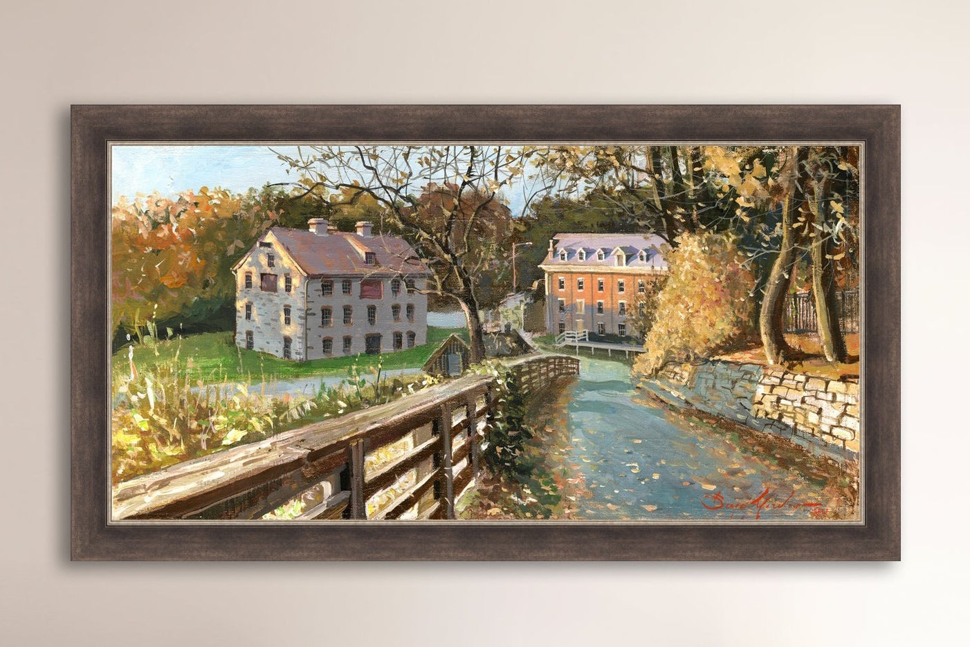 A canvas print depicting the Colonial Industrial Quarter in Bethlehem, PA, showing an artistic representation of an old industrial building complex with trees and a canal.