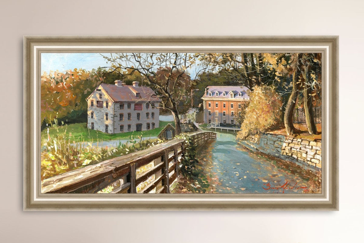 A canvas print depicting the Colonial Industrial Quarter in Bethlehem, PA, showing an artistic representation of an old industrial building complex with trees and a canal.