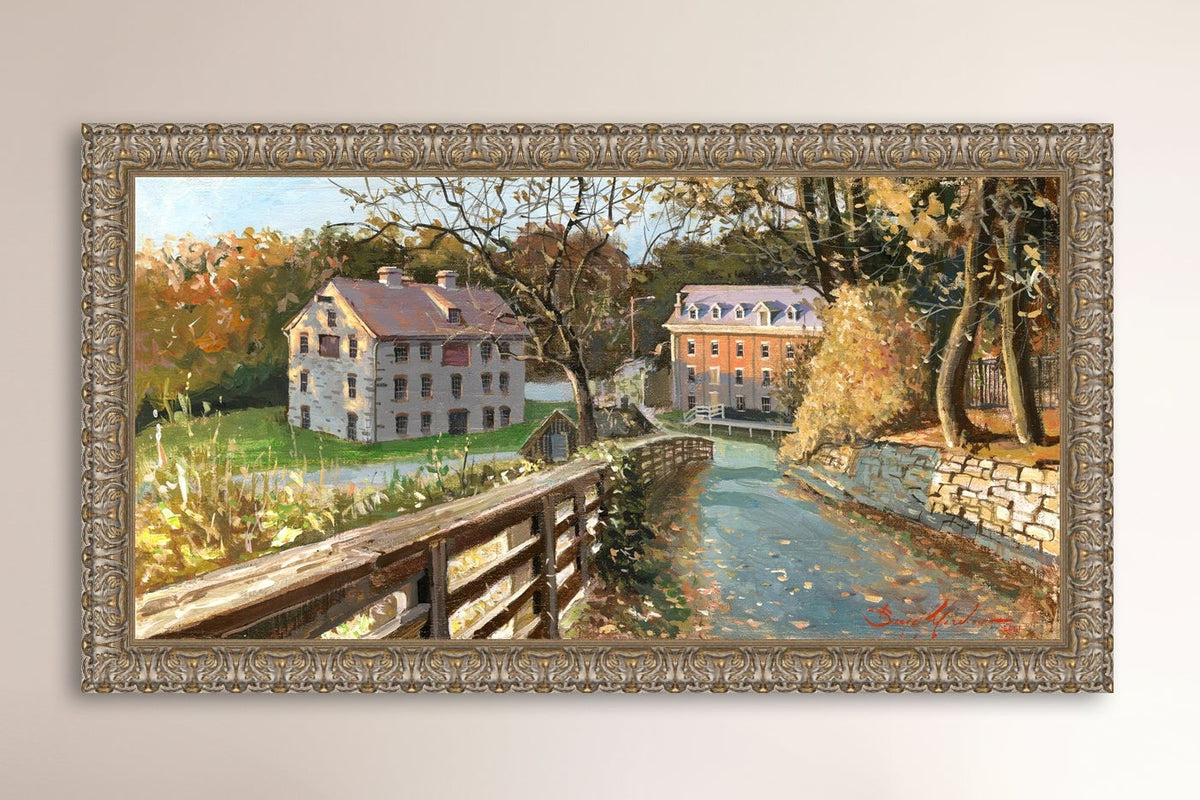 A canvas print depicting the Colonial Industrial Quarter in Bethlehem, PA, showing an artistic representation of an old industrial building complex with trees and a canal.
