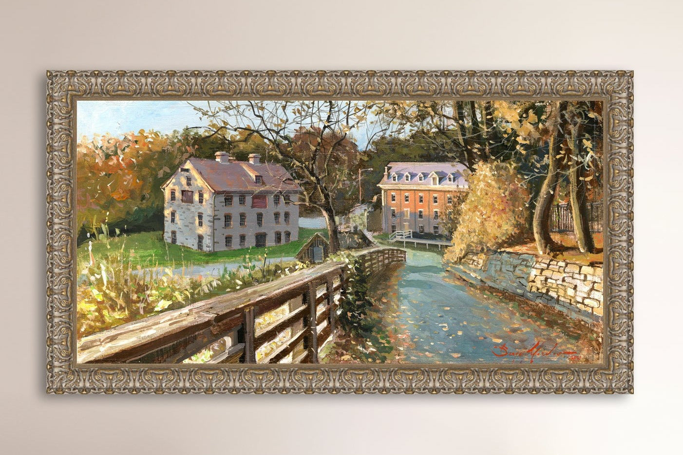 A canvas print depicting the Colonial Industrial Quarter in Bethlehem, PA, showing an artistic representation of an old industrial building complex with trees and a canal.