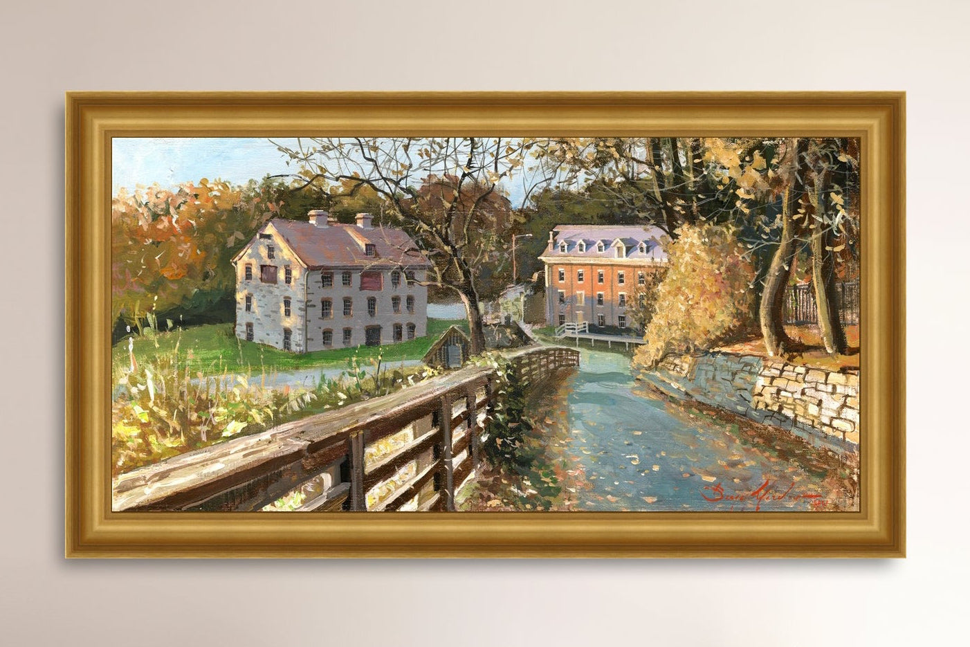A canvas print depicting the Colonial Industrial Quarter in Bethlehem, PA, showing an artistic representation of an old industrial building complex with trees and a canal.