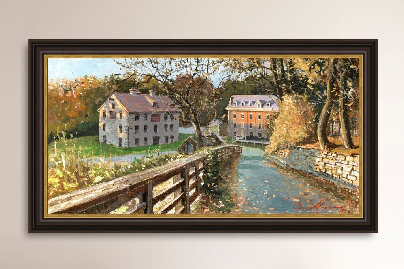 A canvas print depicting the Colonial Industrial Quarter in Bethlehem, PA, showing an artistic representation of an old industrial building complex with trees and a canal.