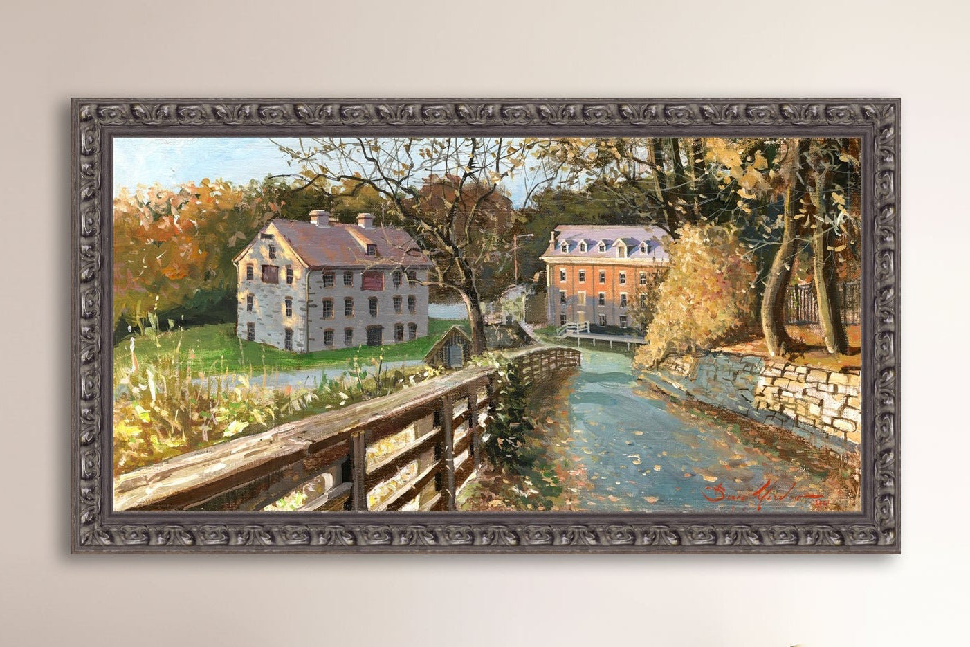 A canvas print depicting the Colonial Industrial Quarter in Bethlehem, PA, showing an artistic representation of an old industrial building complex with trees and a canal.
