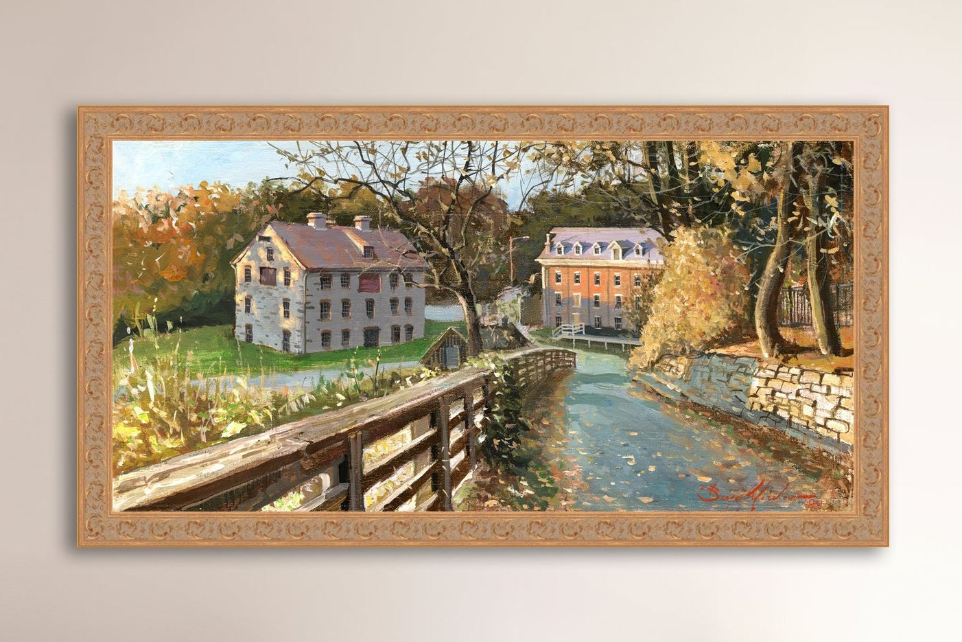 A canvas print depicting the Colonial Industrial Quarter in Bethlehem, PA, showing an artistic representation of an old industrial building complex with trees and a canal.