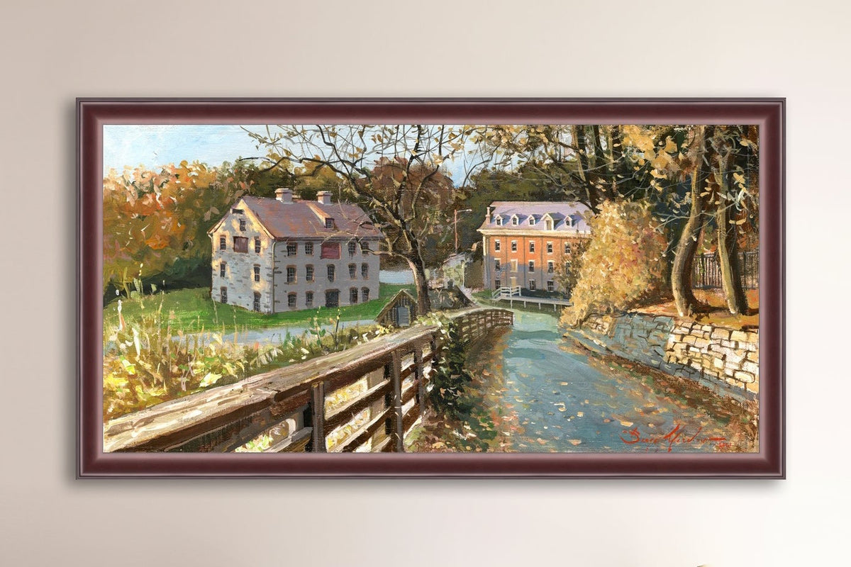 A canvas print depicting the Colonial Industrial Quarter in Bethlehem, PA, showing an artistic representation of an old industrial building complex with trees and a canal.
