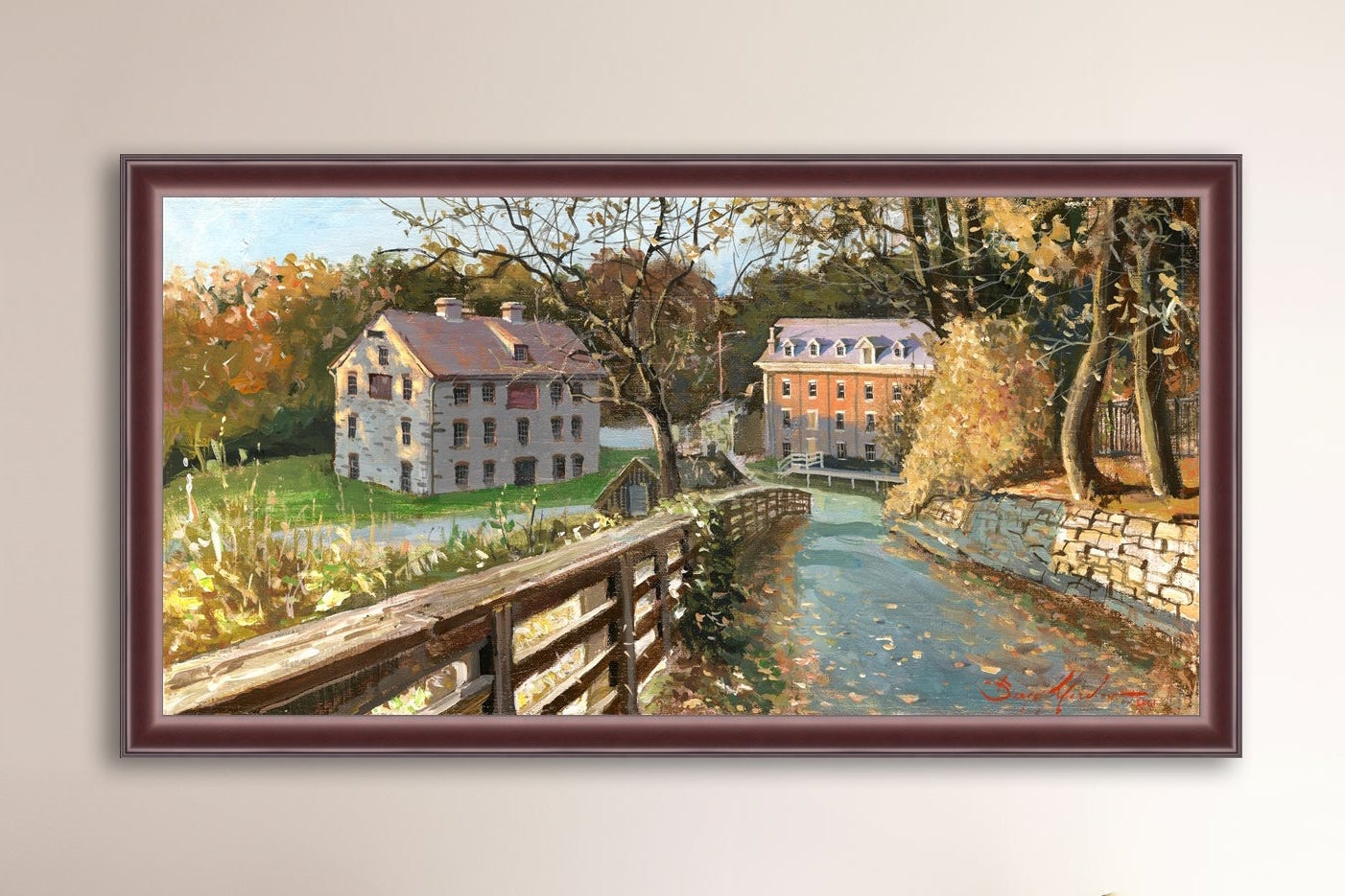 A canvas print depicting the Colonial Industrial Quarter in Bethlehem, PA, showing an artistic representation of an old industrial building complex with trees and a canal.