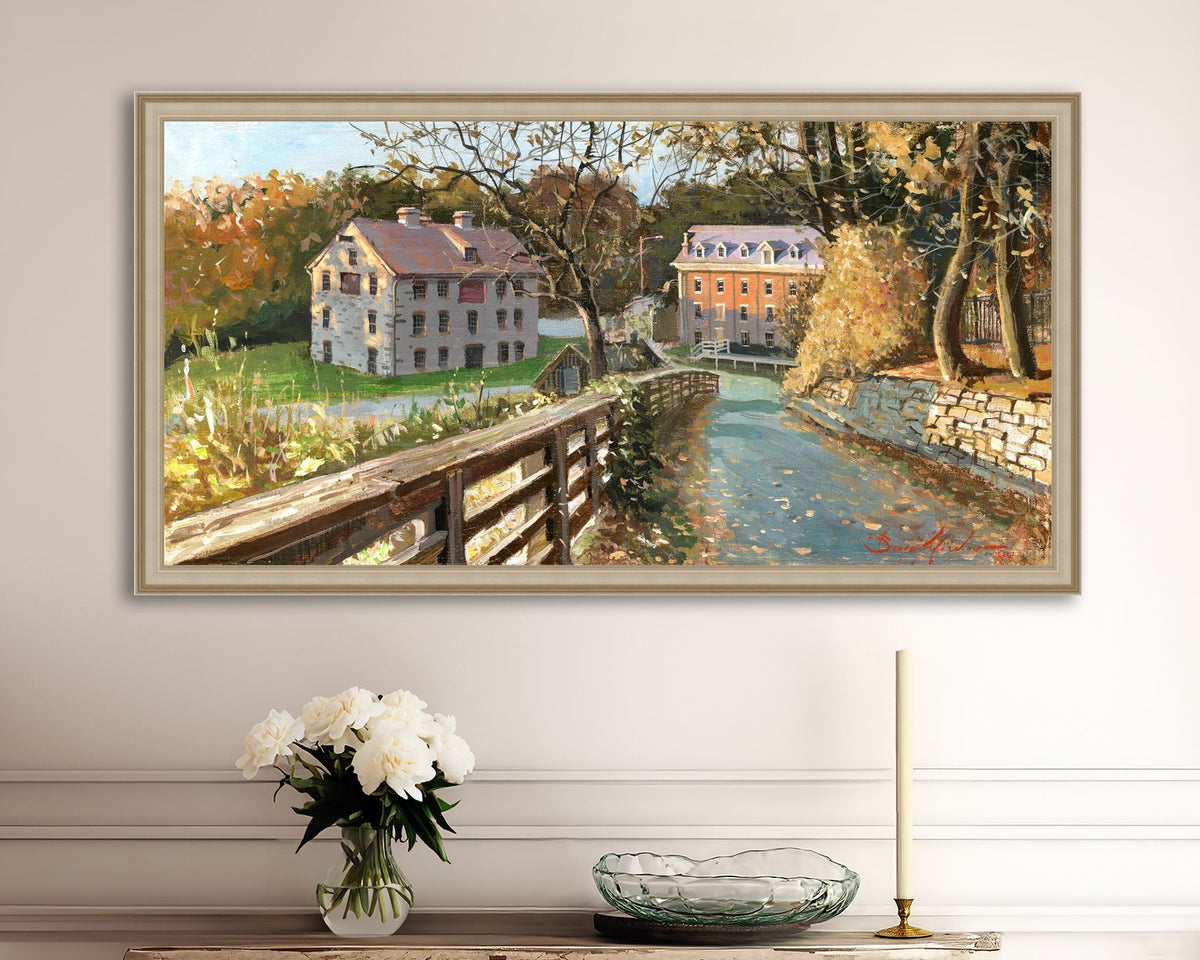 A canvas print depicting the Colonial Industrial Quarter in Bethlehem, PA, showing an artistic representation of an old industrial building complex with trees and a canal.