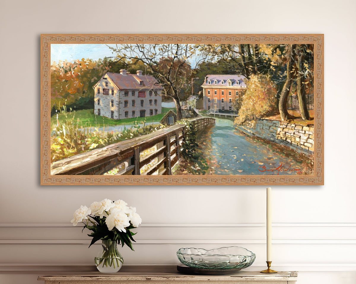 A canvas print depicting the Colonial Industrial Quarter in Bethlehem, PA, showing an artistic representation of an old industrial building complex with trees and a canal.