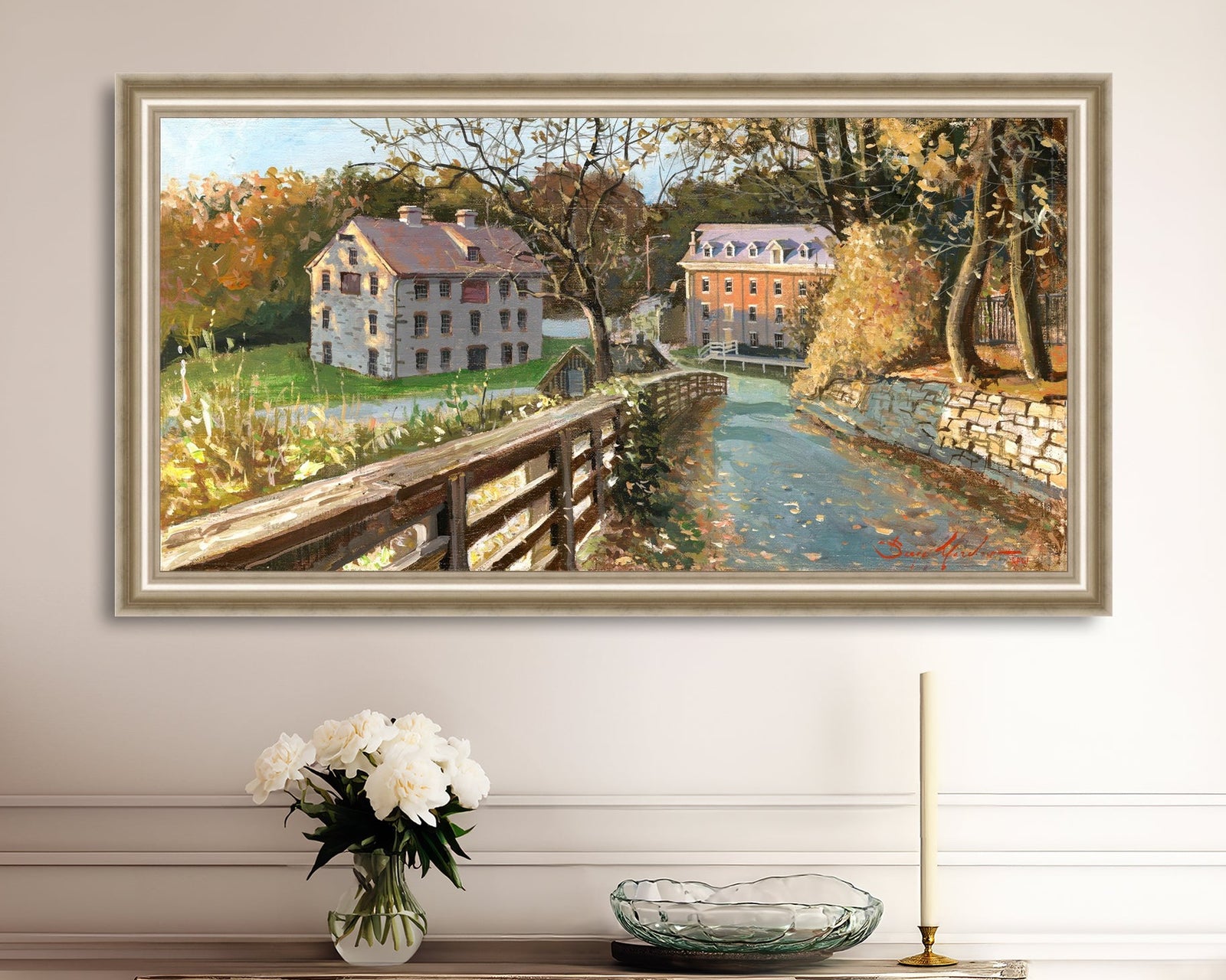 A canvas print depicting the Colonial Industrial Quarter in Bethlehem, PA, showing an artistic representation of an old industrial building complex with trees and a canal.