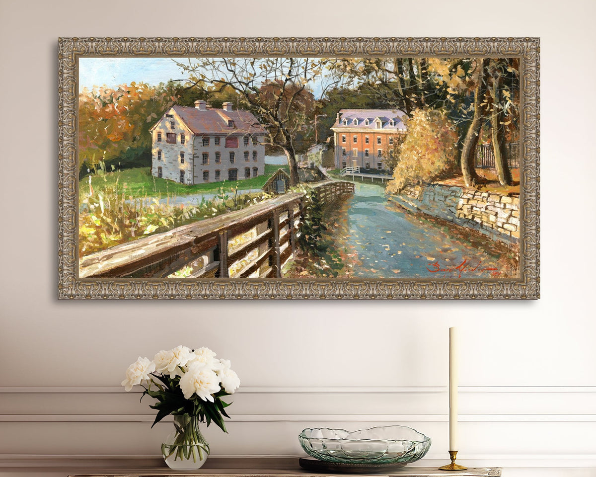 A canvas print depicting the Colonial Industrial Quarter in Bethlehem, PA, showing an artistic representation of an old industrial building complex with trees and a canal.