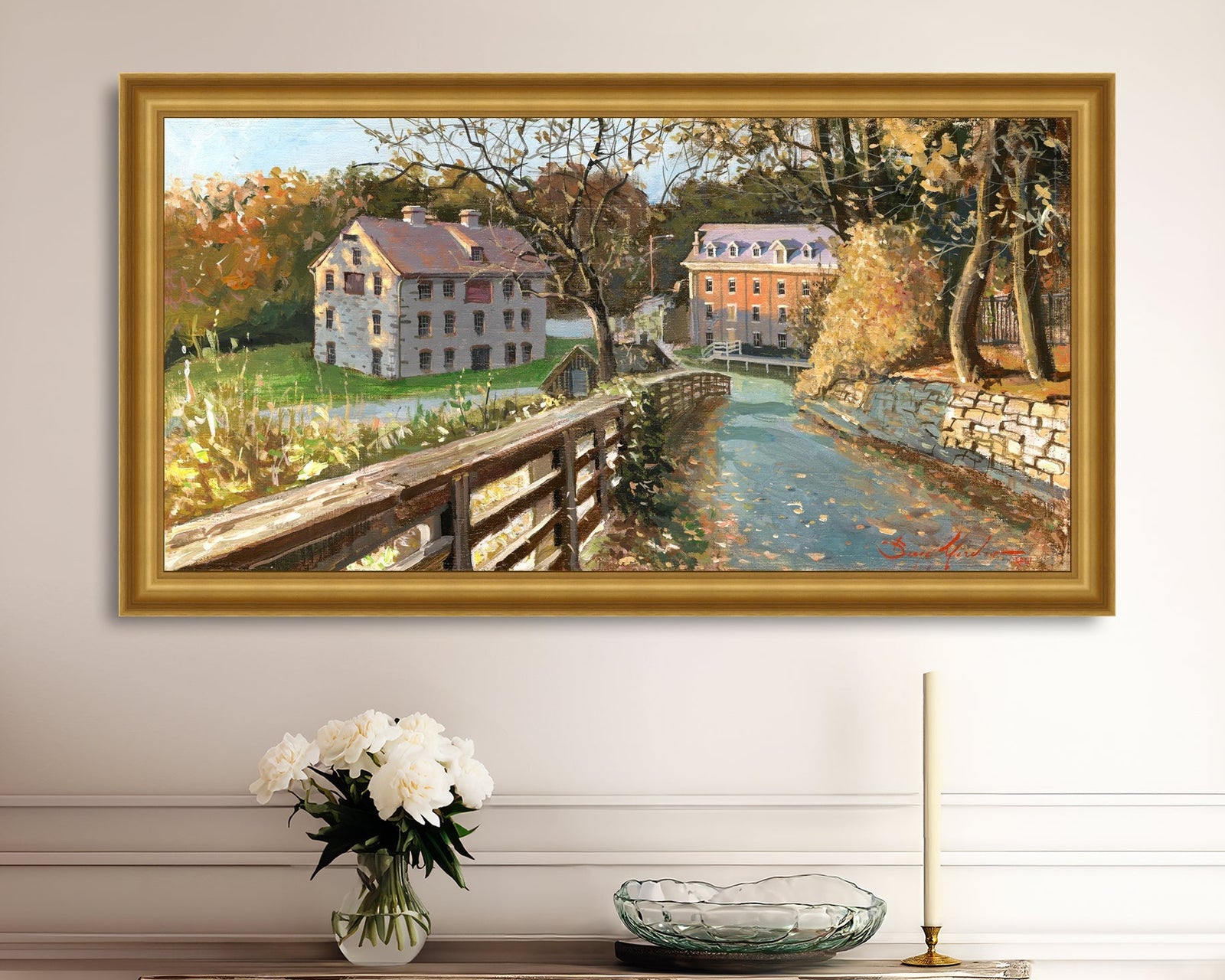 A canvas print depicting the Colonial Industrial Quarter in Bethlehem, PA, showing an artistic representation of an old industrial building complex with trees and a canal.