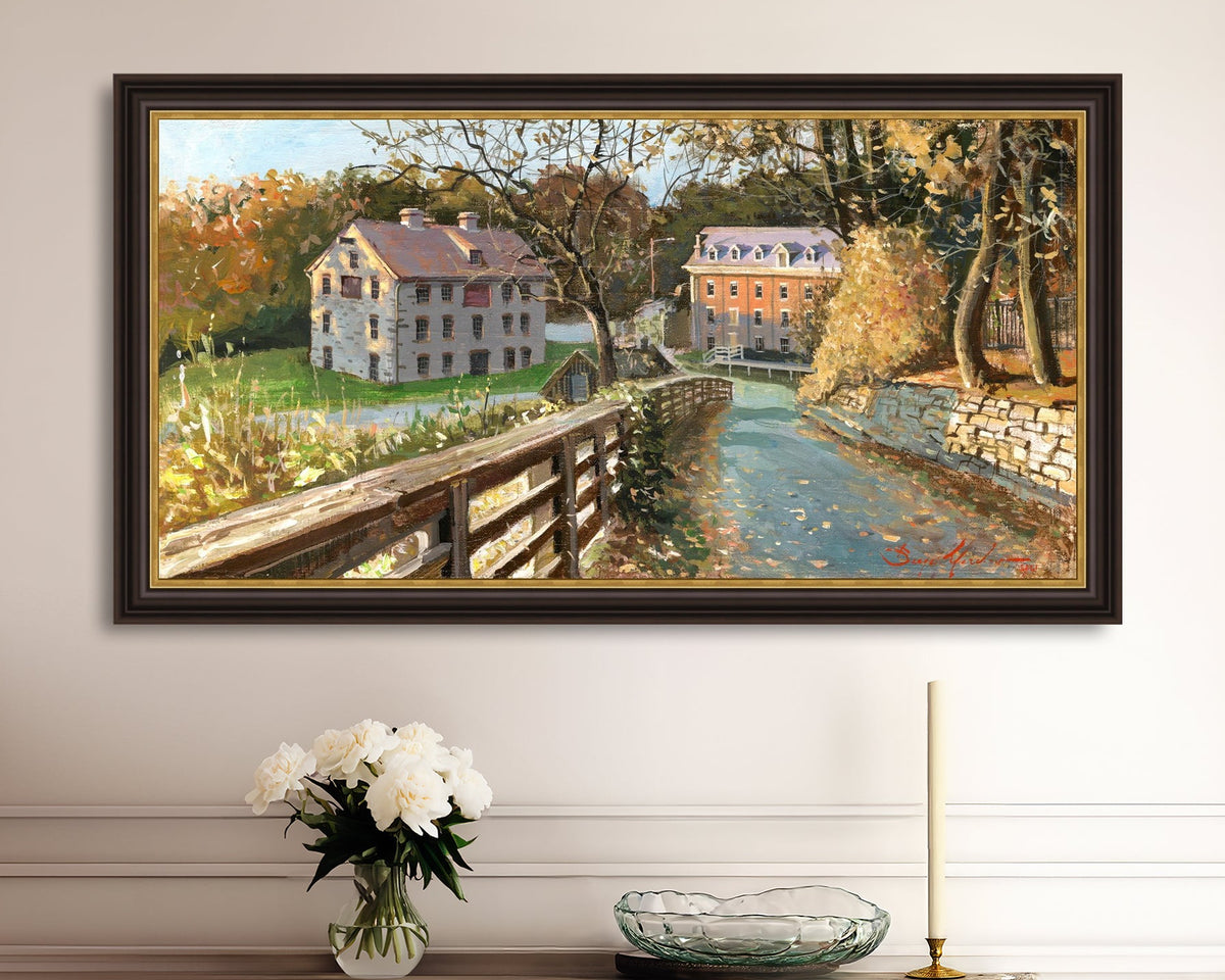 A canvas print depicting the Colonial Industrial Quarter in Bethlehem, PA, showing an artistic representation of an old industrial building complex with trees and a canal.