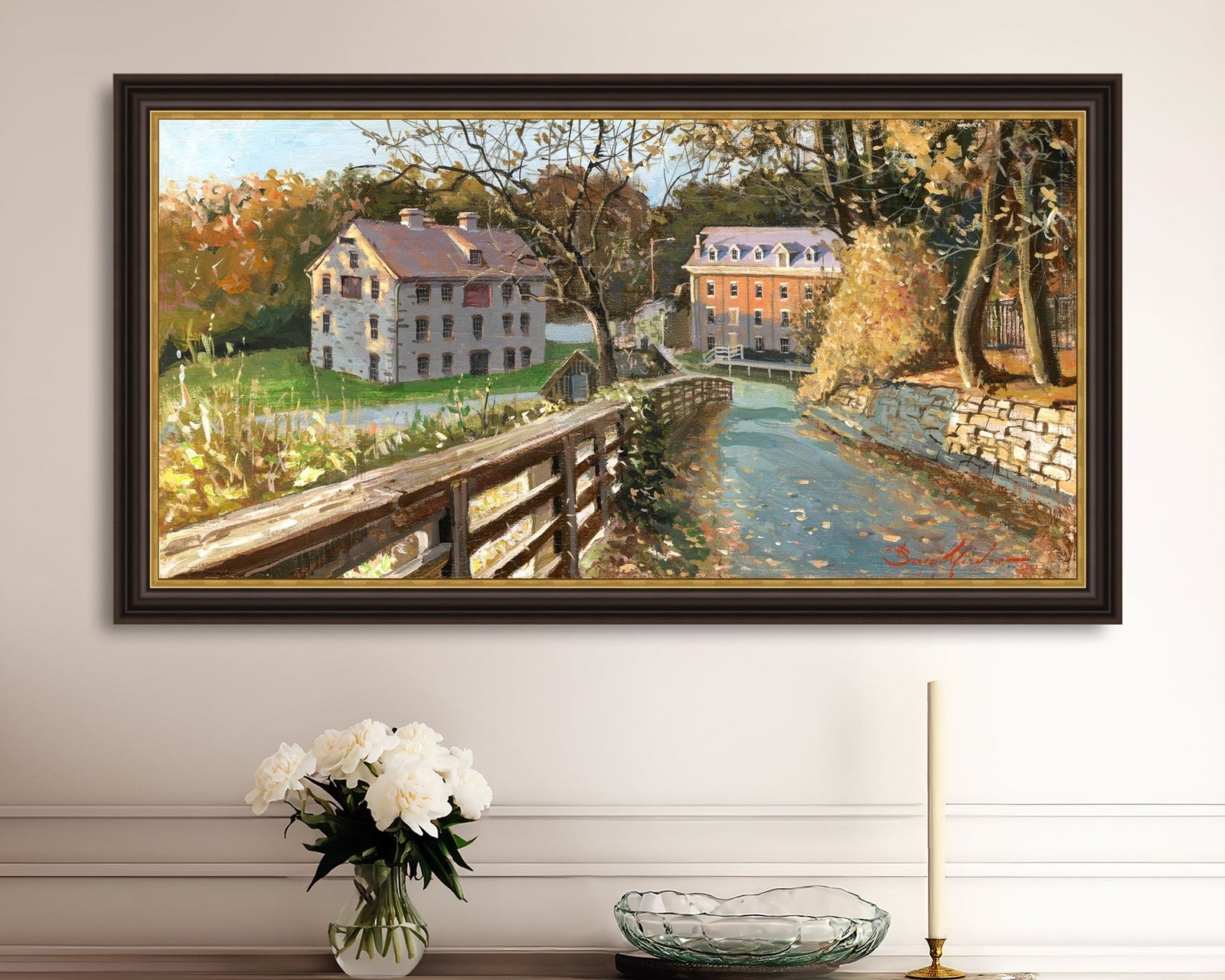 A canvas print depicting the Colonial Industrial Quarter in Bethlehem, PA, showing an artistic representation of an old industrial building complex with trees and a canal.