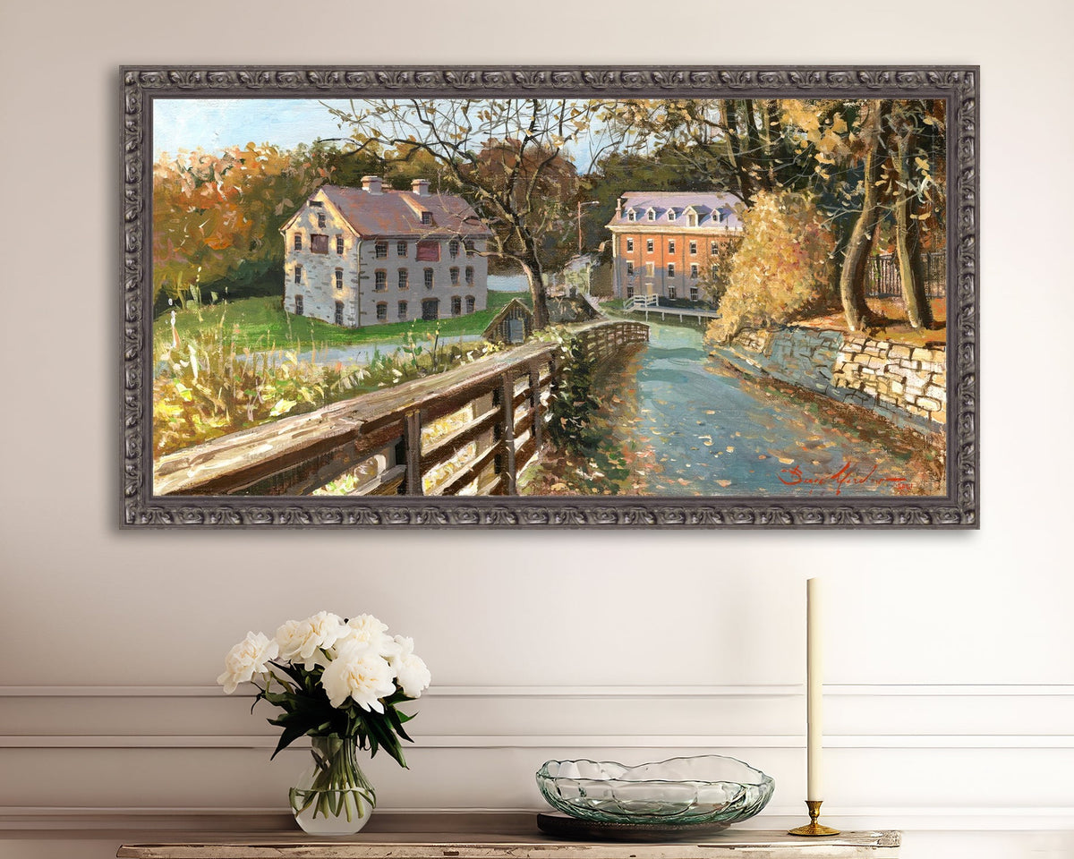 A canvas print depicting the Colonial Industrial Quarter in Bethlehem, PA, showing an artistic representation of an old industrial building complex with trees and a canal.