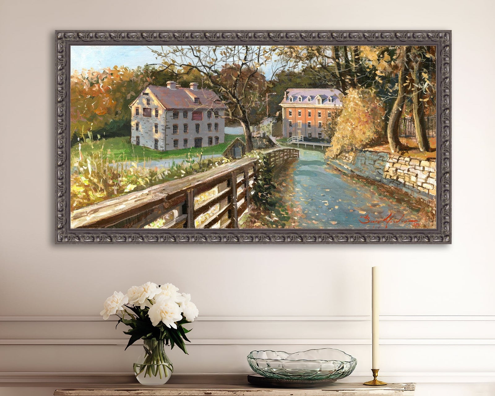 A canvas print depicting the Colonial Industrial Quarter in Bethlehem, PA, showing an artistic representation of an old industrial building complex with trees and a canal.