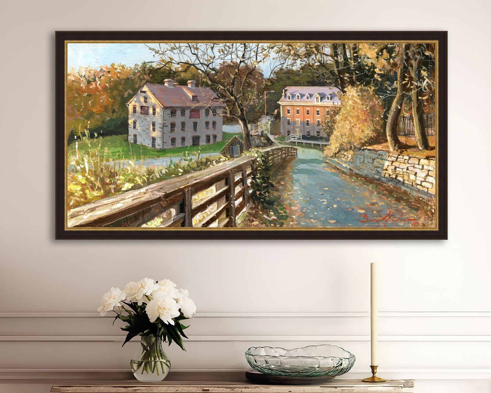 A canvas print depicting the Colonial Industrial Quarter in Bethlehem, PA, showing an artistic representation of an old industrial building complex with trees and a canal.