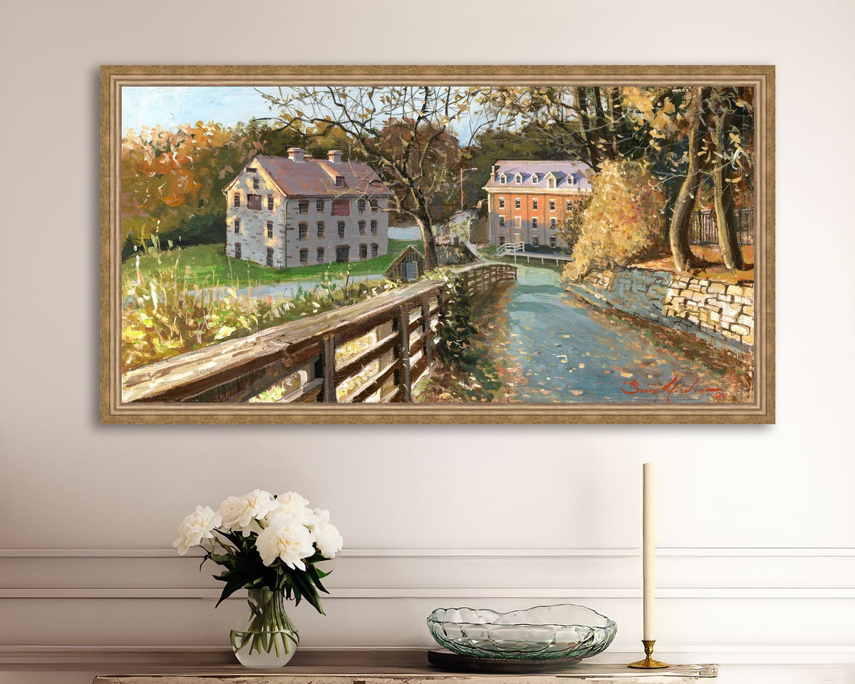 A canvas print depicting the Colonial Industrial Quarter in Bethlehem, PA, showing an artistic representation of an old industrial building complex with trees and a canal.