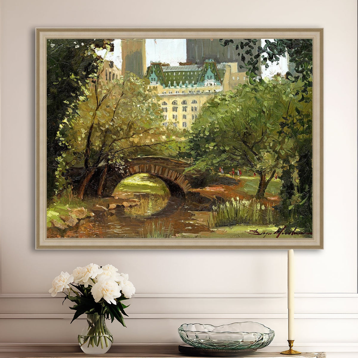 A canvas print of 'Summer in Central Park, New York' featuring bridge in the park and Plaza Hotel in the background.