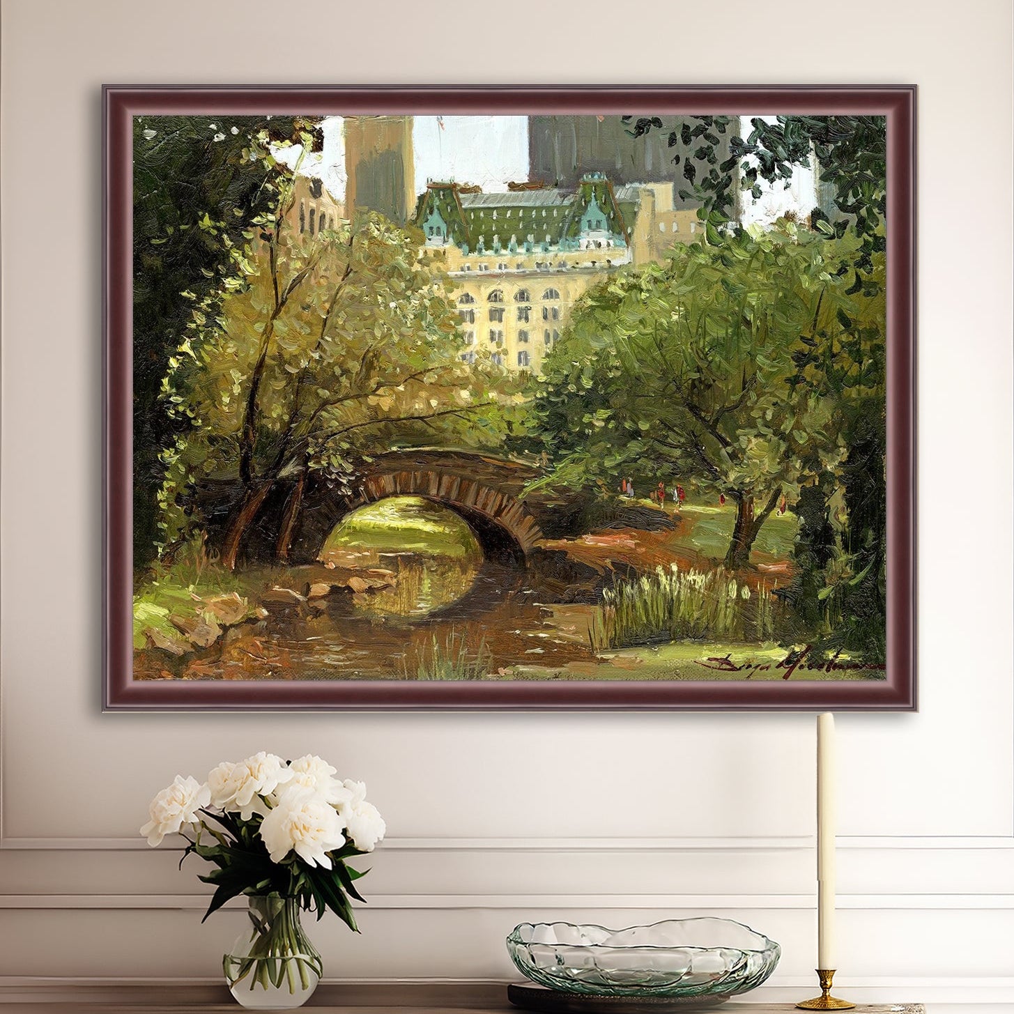 A canvas print of 'Summer in Central Park, New York' featuring bridge in the park and Plaza Hotel in the background.