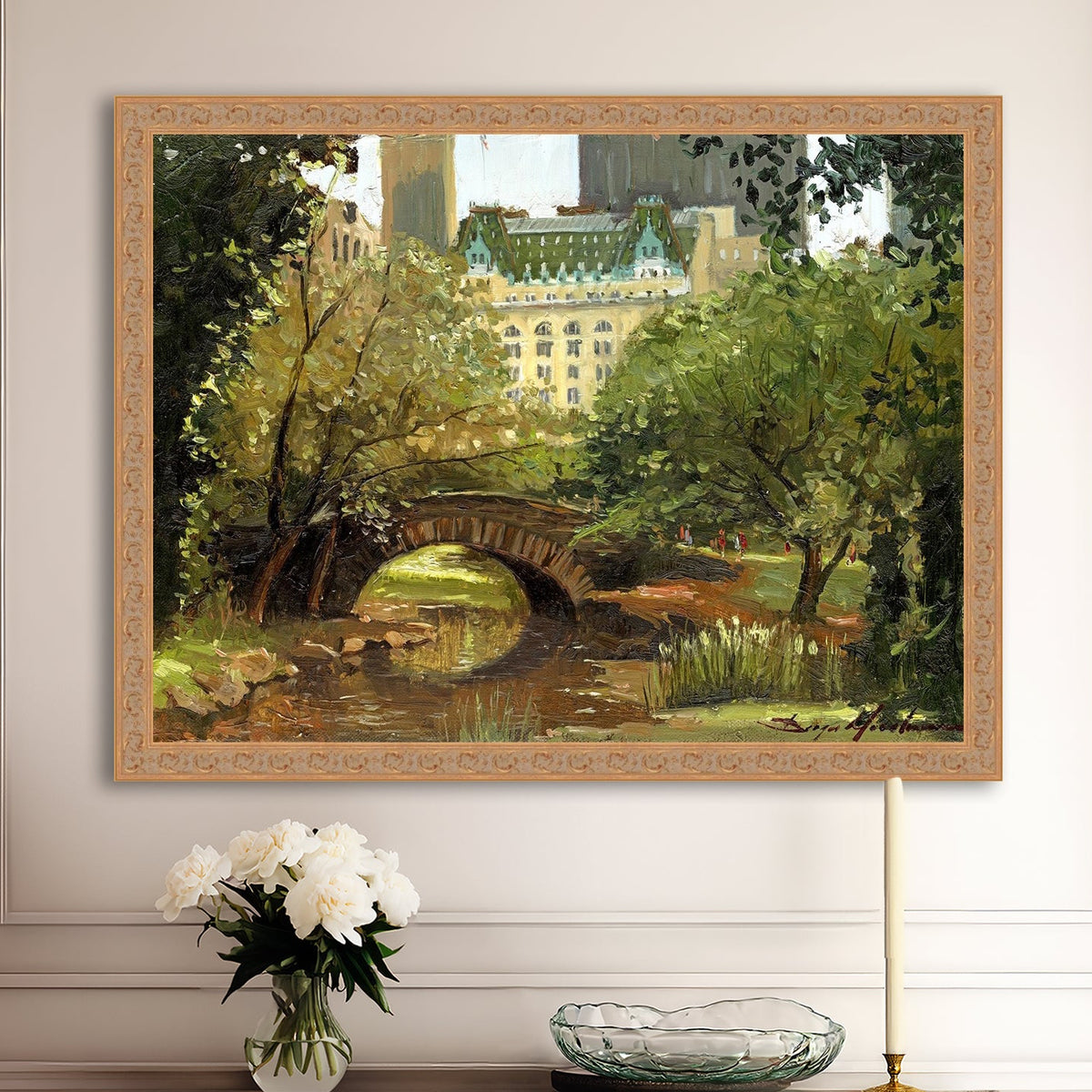 A canvas print of 'Summer in Central Park, New York' featuring bridge in the park and Plaza Hotel in the background.
