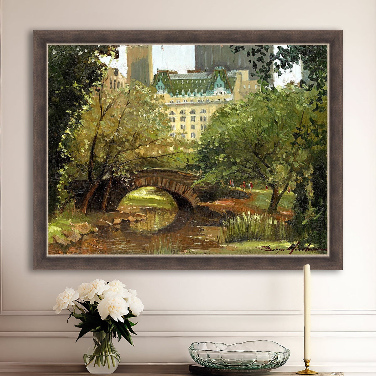 A canvas print of 'Summer in Central Park, New York' featuring bridge in the park and Plaza Hotel in the background.