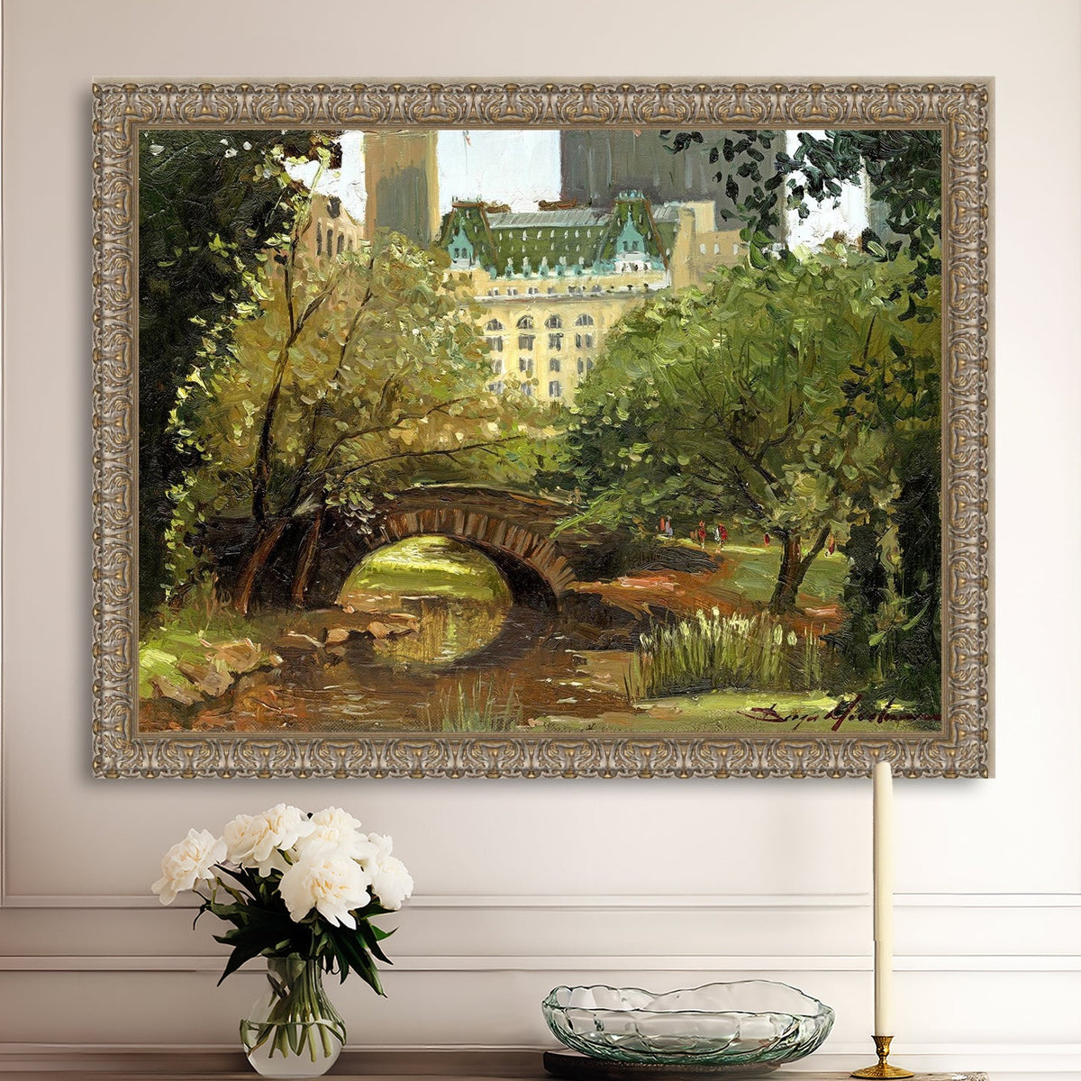 A canvas print of 'Summer in Central Park, New York' featuring bridge in the park and Plaza Hotel in the background.