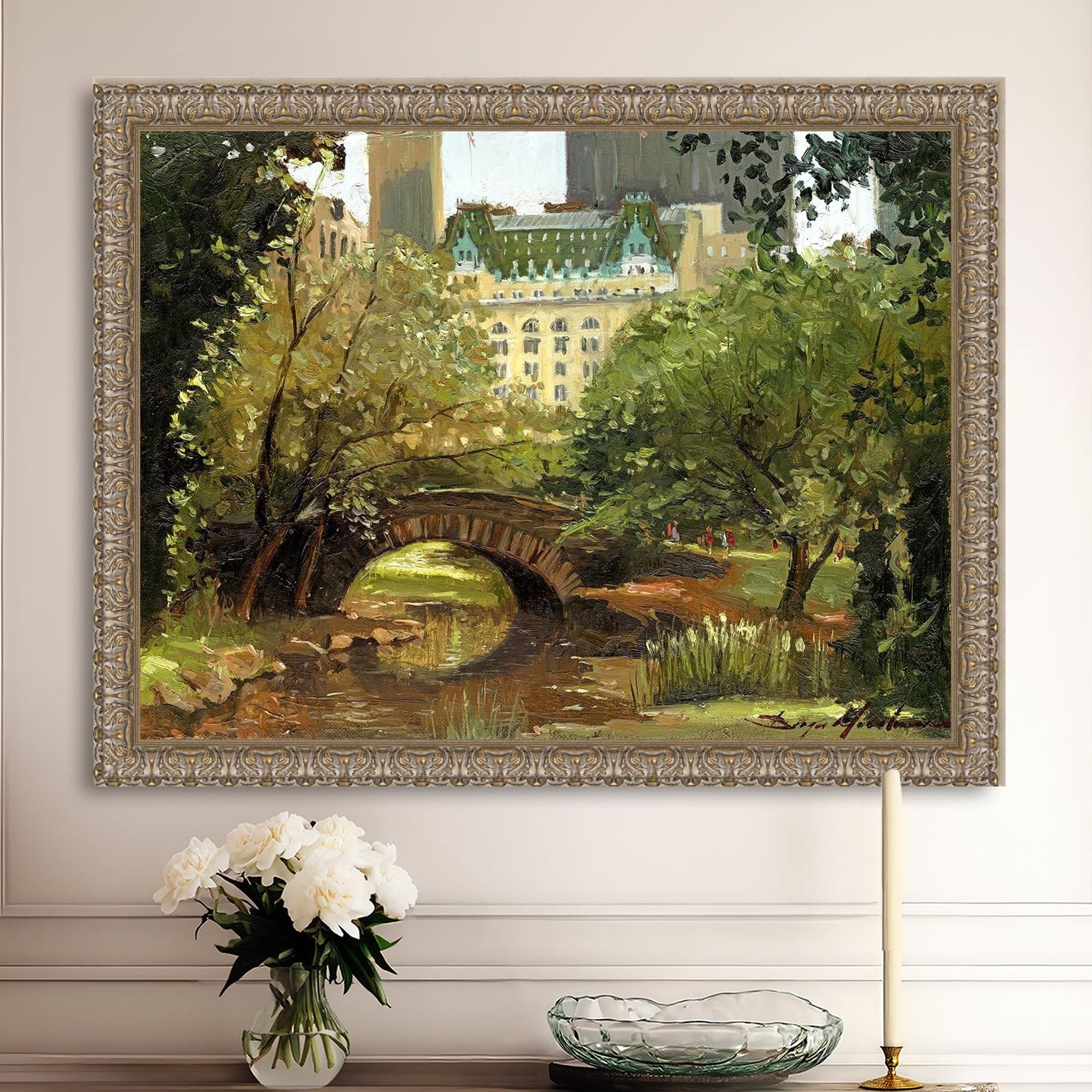 A canvas print of 'Summer in Central Park, New York' featuring bridge in the park and Plaza Hotel in the background.